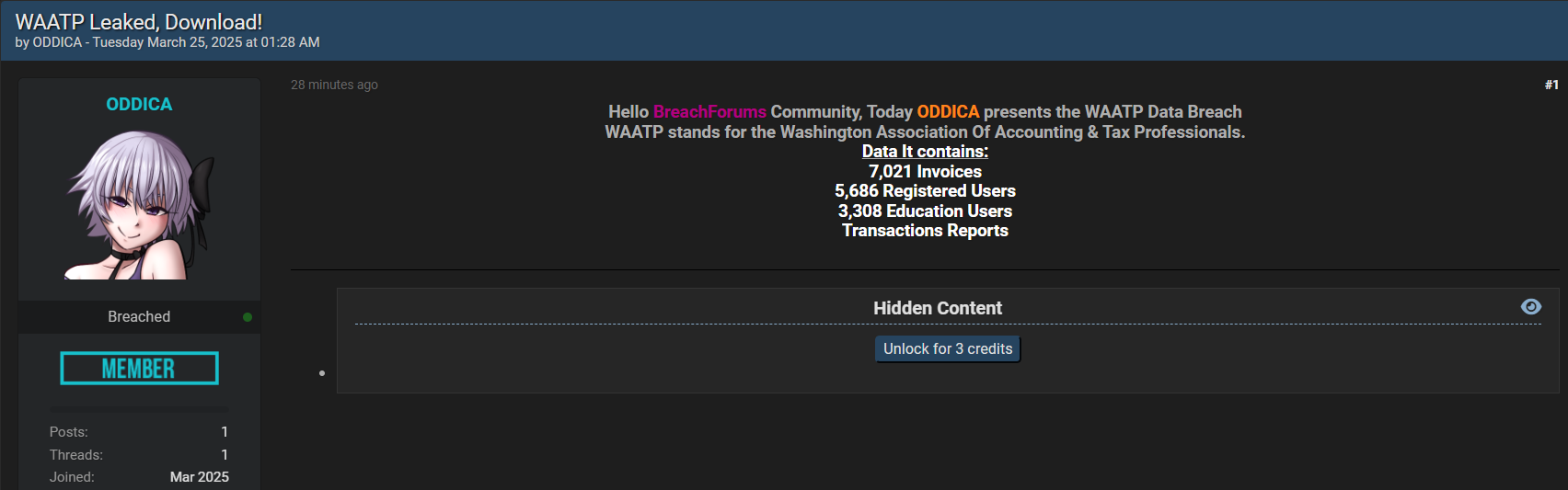 Washington会计与税务专业人员协会涉嫌数据泄露-xLab 威胁情报