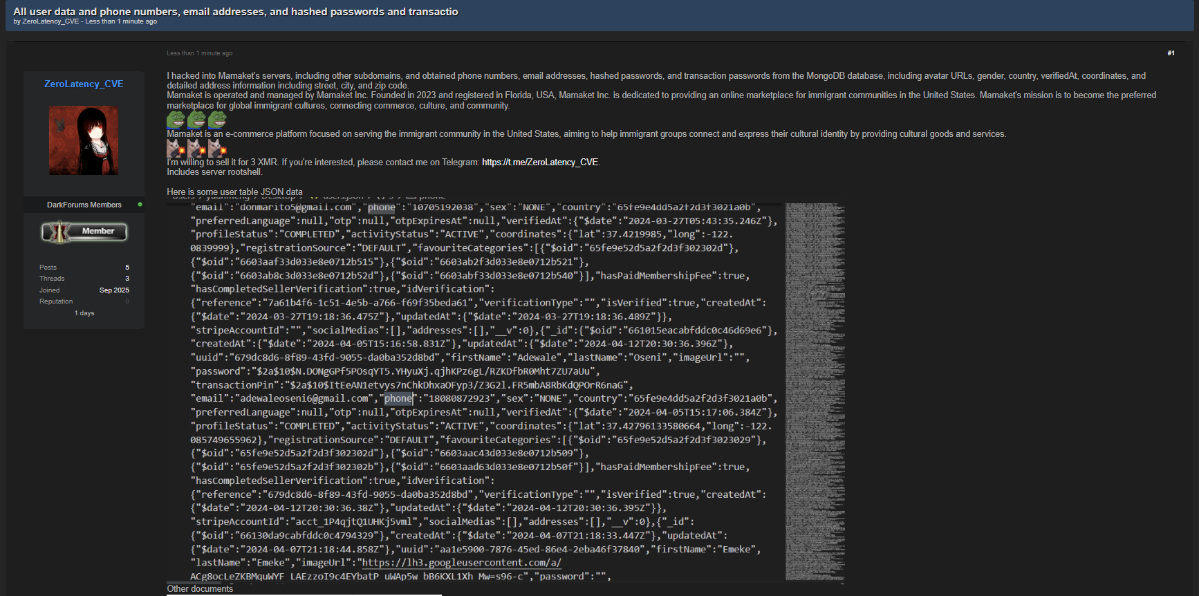 涉嫌出售Mamaket Inc.数据-xLab 威胁情报