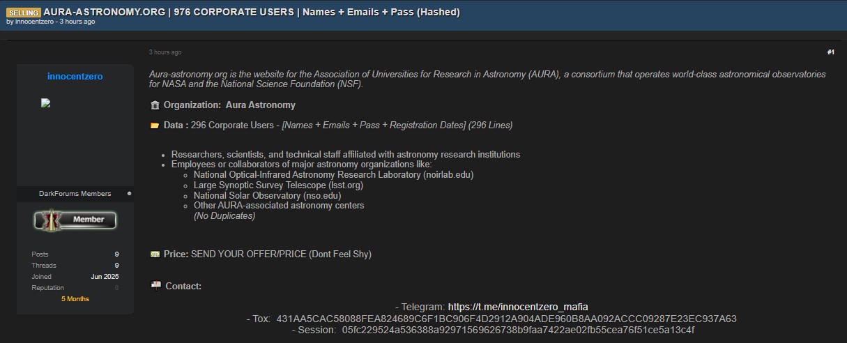 大学天文学研究协会涉嫌出售数据-xLab 威胁情报