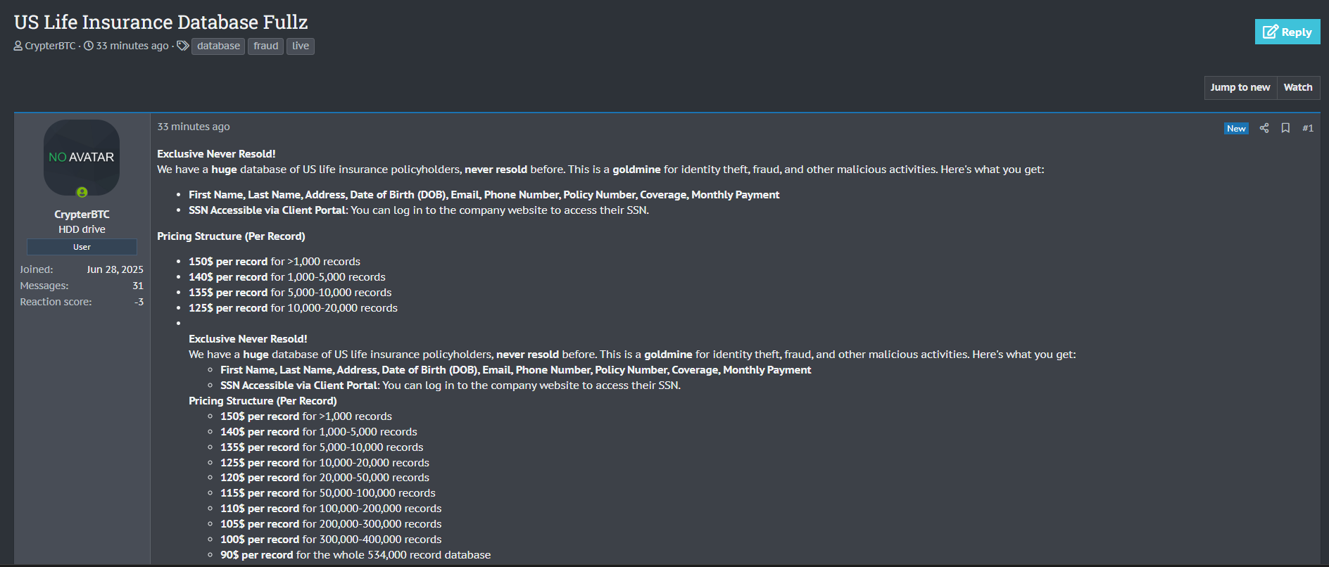涉嫌出售生命Insurance数据库-xLab 威胁情报