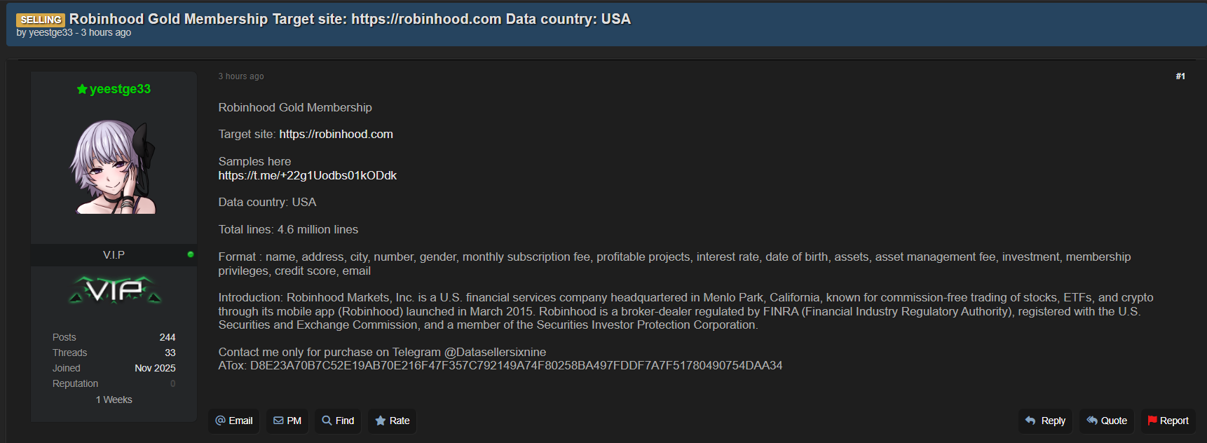 Robinhood市场公司涉嫌数据外泄-xLab 威胁情报