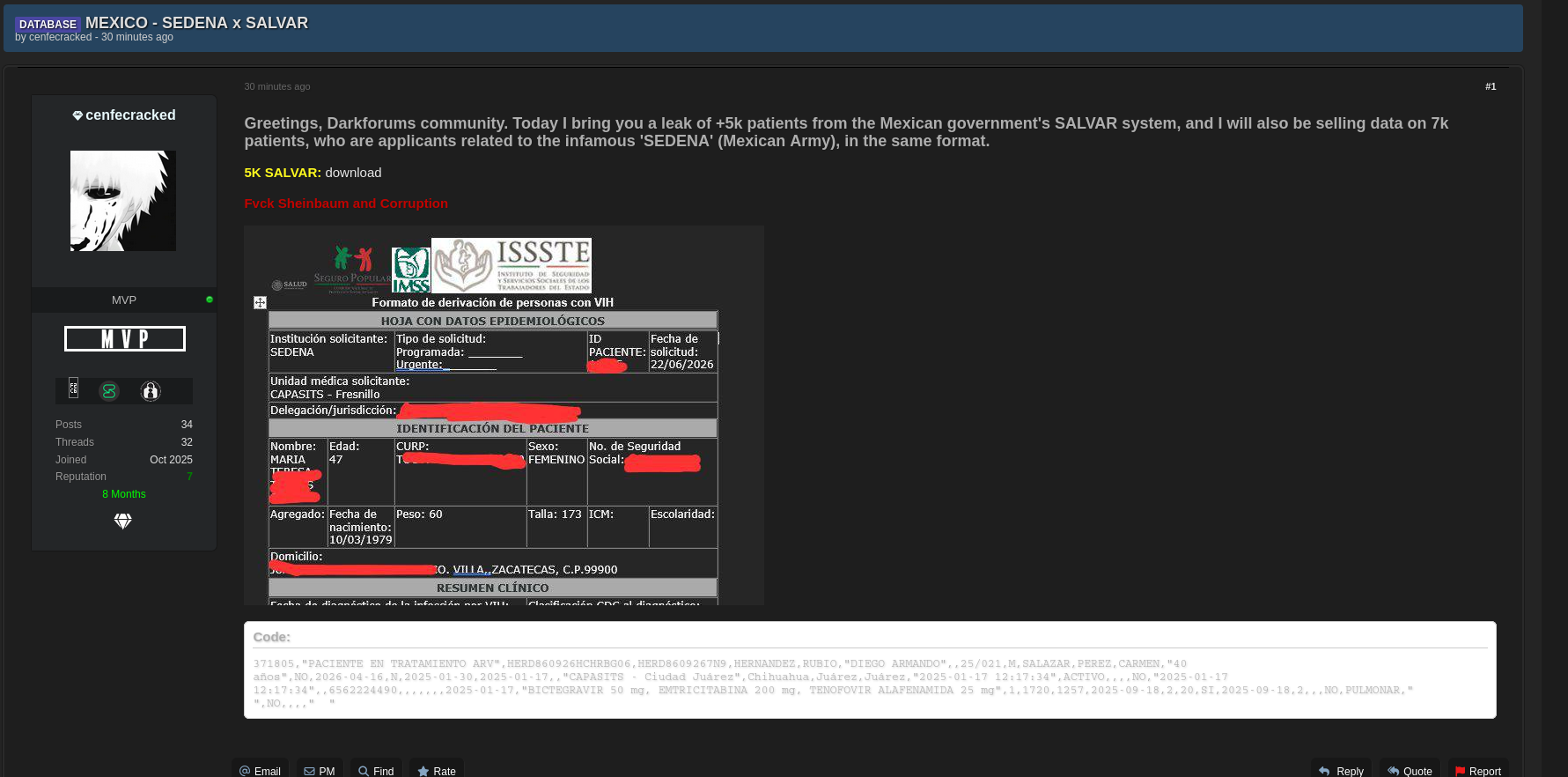 Alleged Leak of SALVAR and SEDENA Patient Data-xLab 威胁情报
