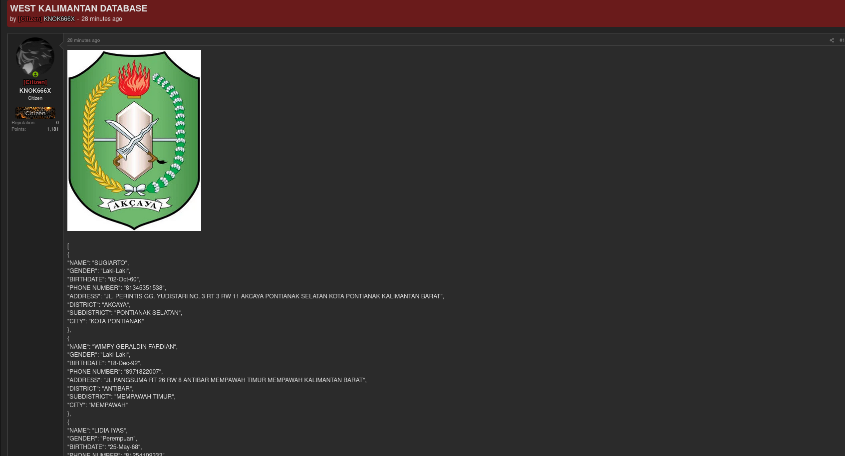 Alleged data breach of West Kalimantan-xLab 威胁情报