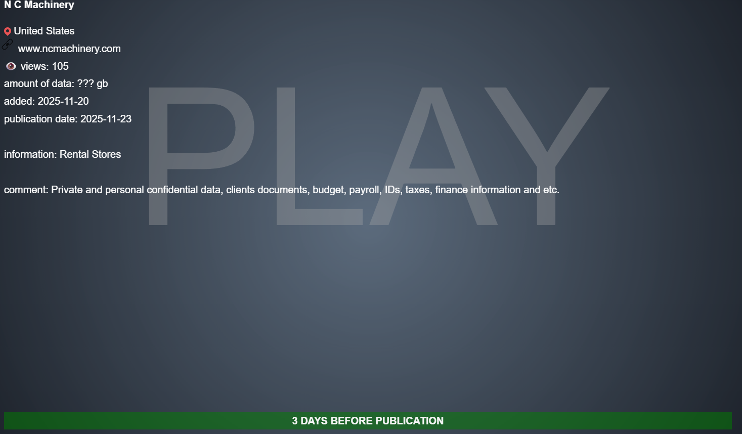 北卡罗来纳州机械公司成为PLAY勒索软件的受害者-xLab 威胁情报