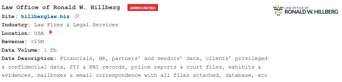 罗纳德·W·希尔伯格律师事务所成为PEAR勒索软件的受害者-xLab 威胁情报