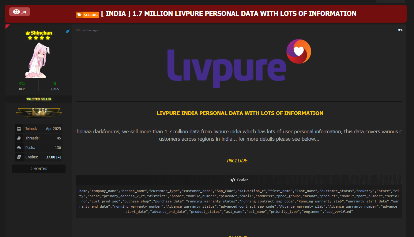 涉嫌出售Livpure Private Limited的数据-xLab 威胁情报