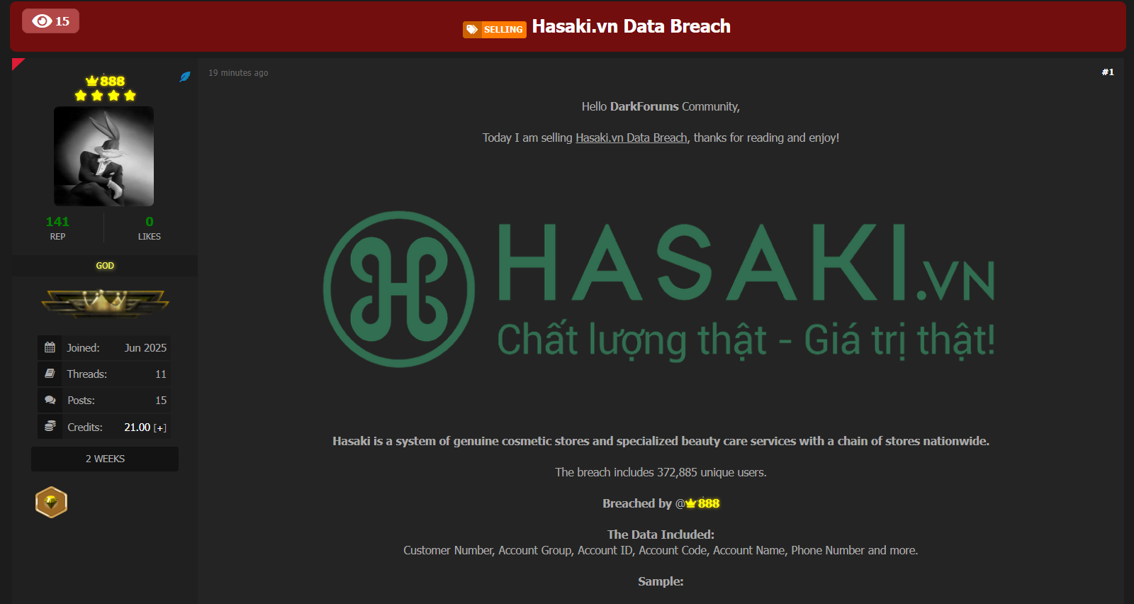 涉嫌出售Hasaki.vn数据-xLab 威胁情报