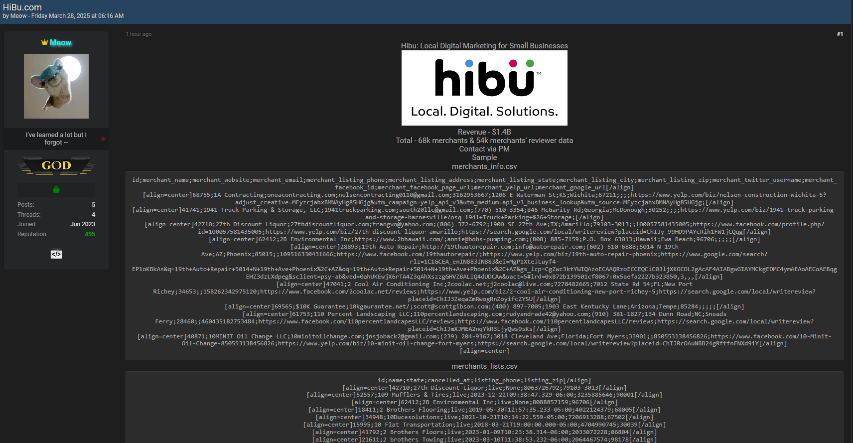 涉嫌出售Hibu数据库-xLab 威胁情报