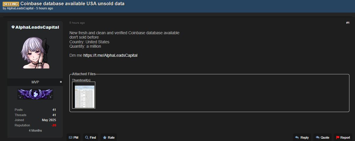 涉嫌出售美国100万Coinbase数据库-xLab 威胁情报