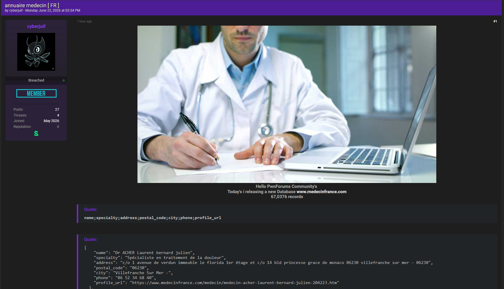 Alleged Data Leak of French Medical Directory Records-xLab 威胁情报