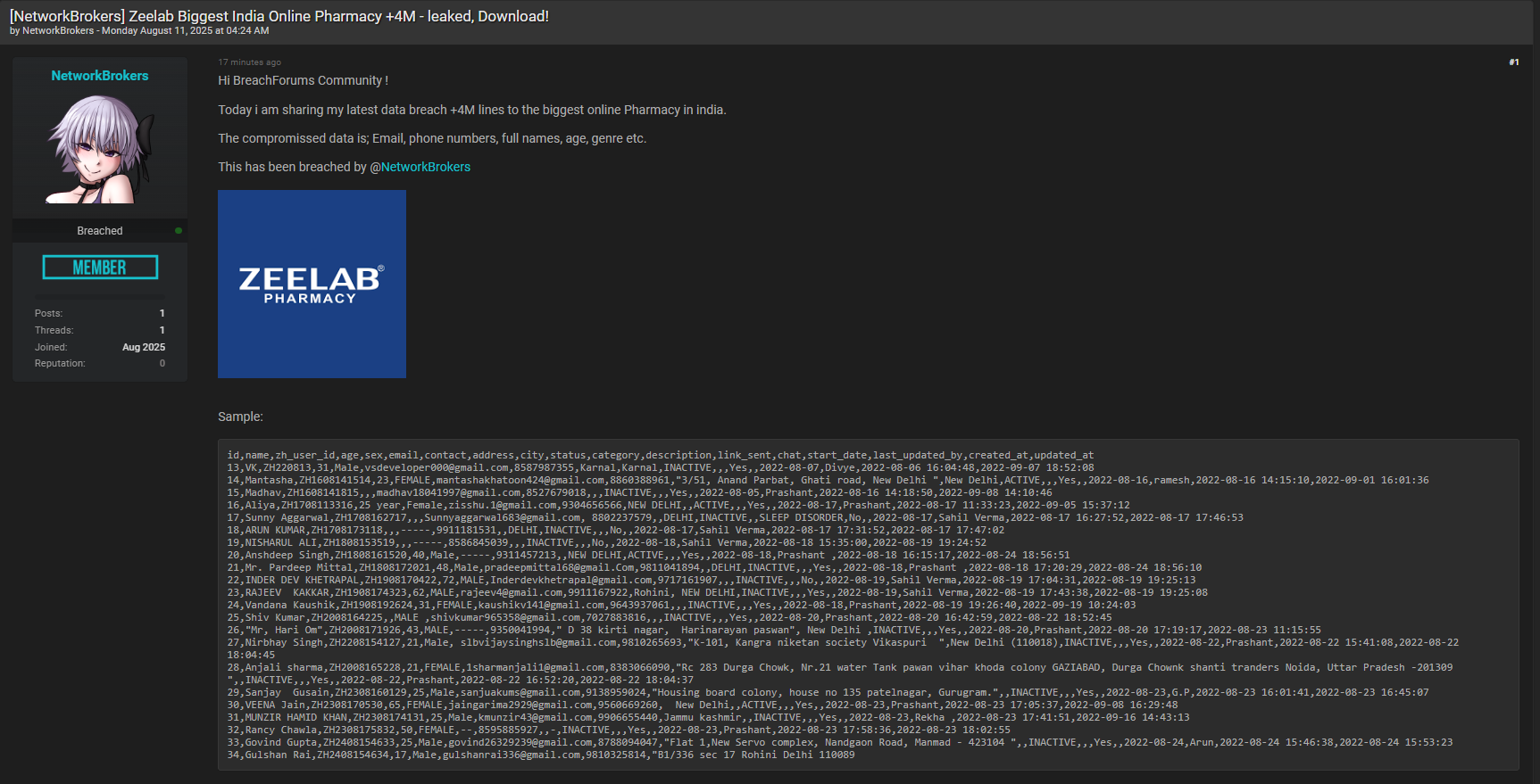 Zeelab药房涉嫌数据外泄-xLab 威胁情报