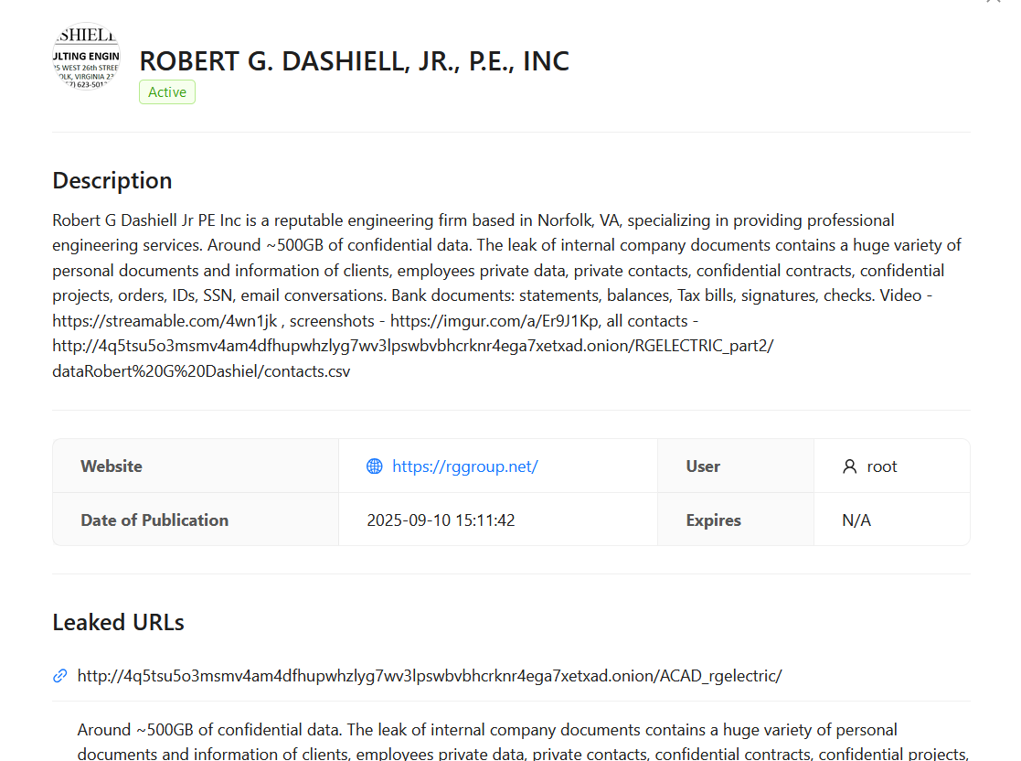 RG Dashiell Jr PE Inc成为RADAR勒索软件的受害者-xLab 威胁情报