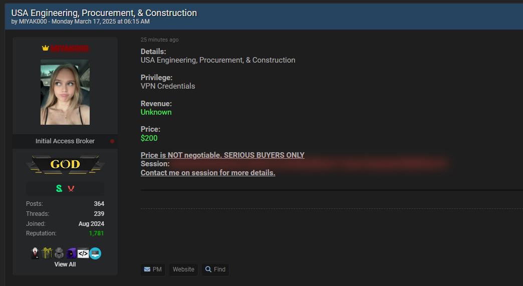 涉嫌向一家身份不明的美国工程、采购和建筑公司出售访问权限-xLab 威胁情报