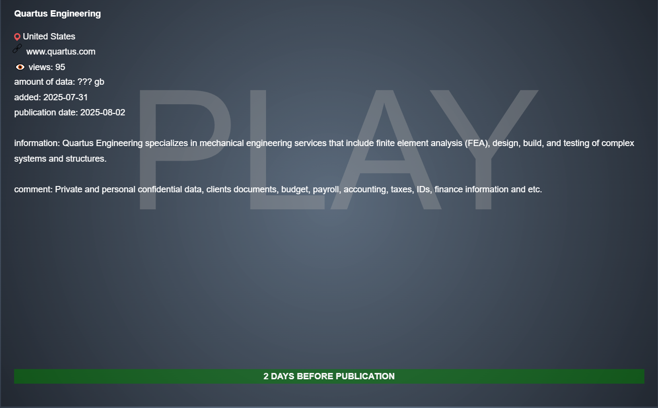Quartus Engineering成为PLAY勒索软件的受害者-xLab 威胁情报