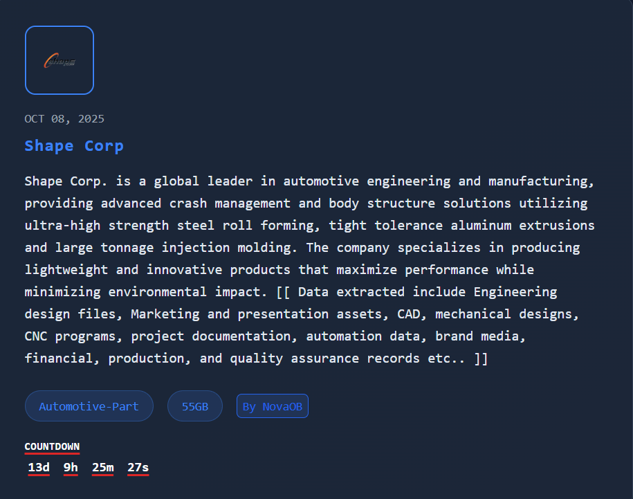 Shape Corp.成为Nova勒索软件的受害者-xLab 威胁情报