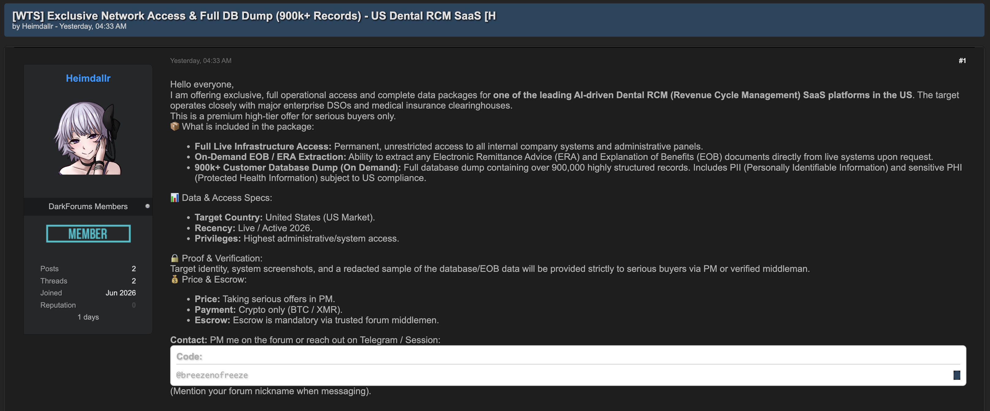 Alleged unauthorised access to US Dental RCM SaaS Platform-xLab 威胁情报