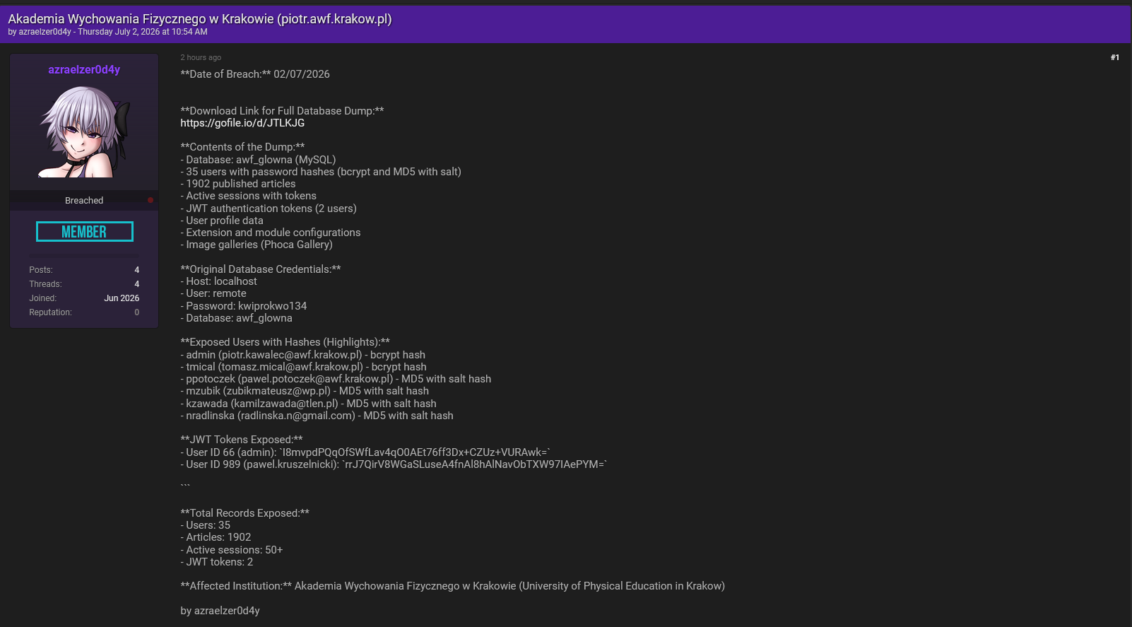 Alleged Leak of Data from Akademia Wychowania Fizycznego w Krakowie-xLab 威胁情报