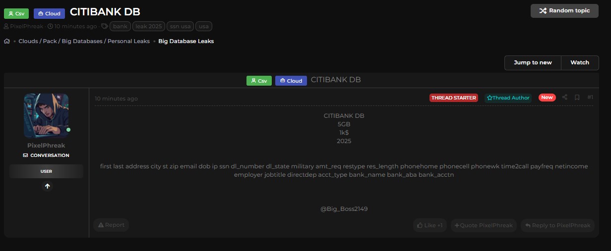 花旗银行涉嫌泄露数据库-xLab 威胁情报