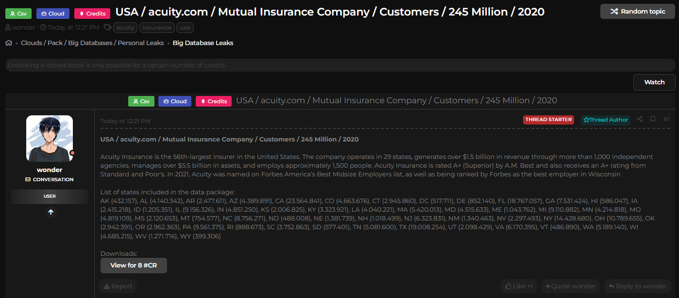 Acuity Insurance涉嫌数据库泄露-xLab 威胁情报