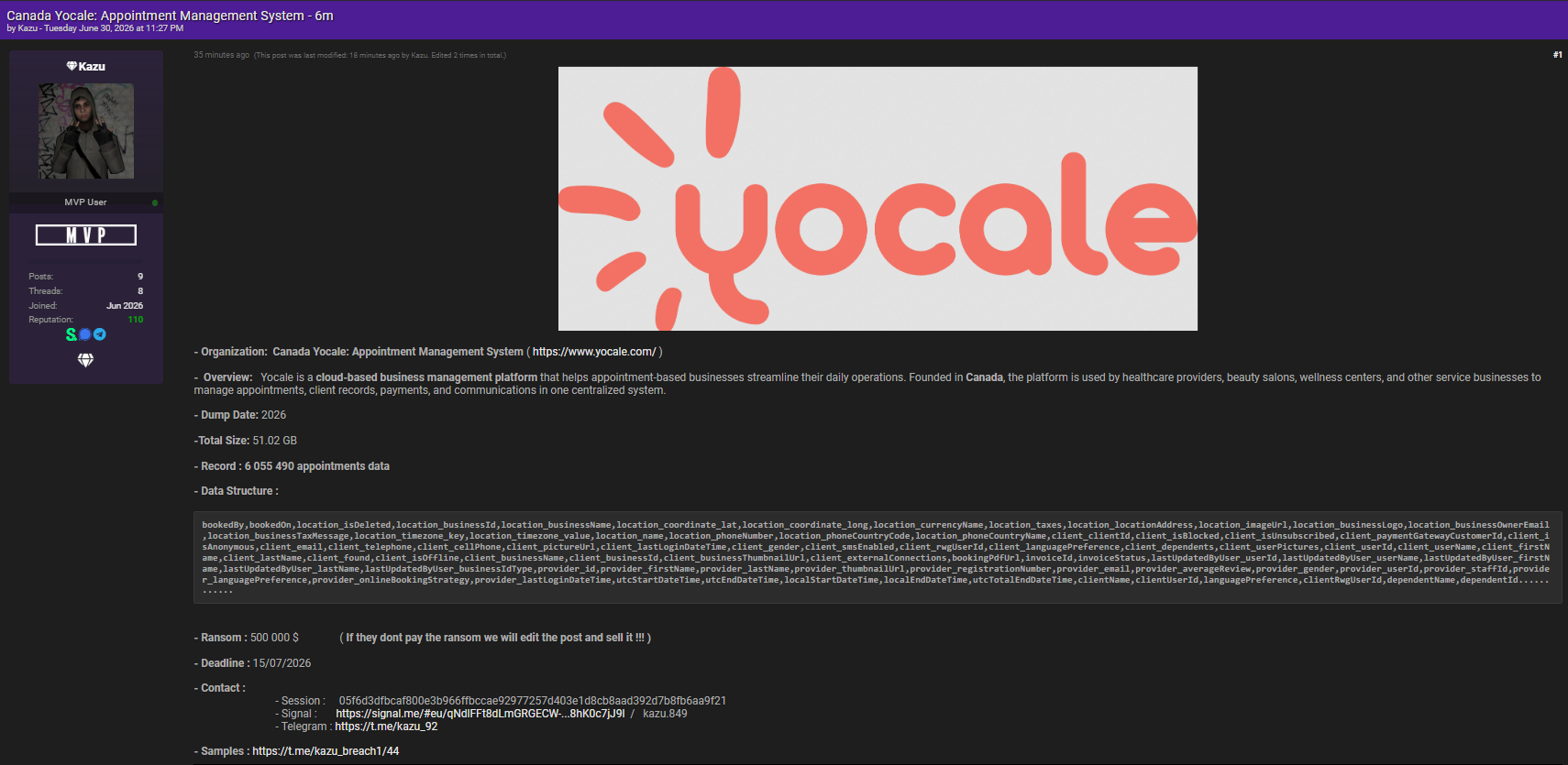 Alleged data sale of Yocale-xLab 威胁情报