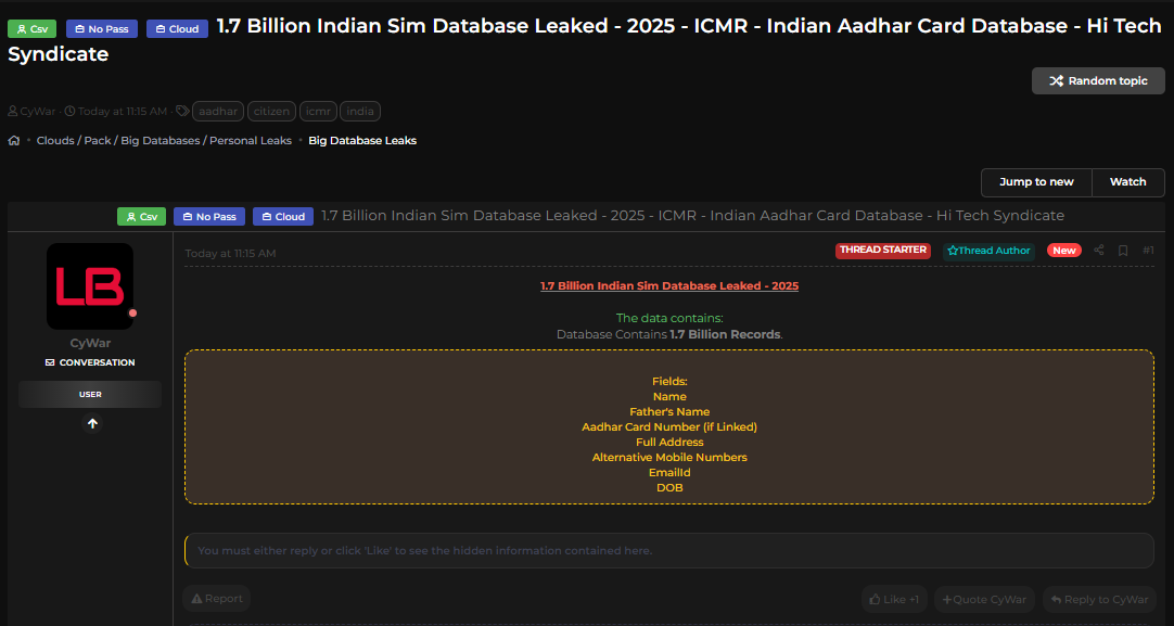 涉嫌泄露17亿印度SIM和Aadhaar记录-xLab 威胁情报