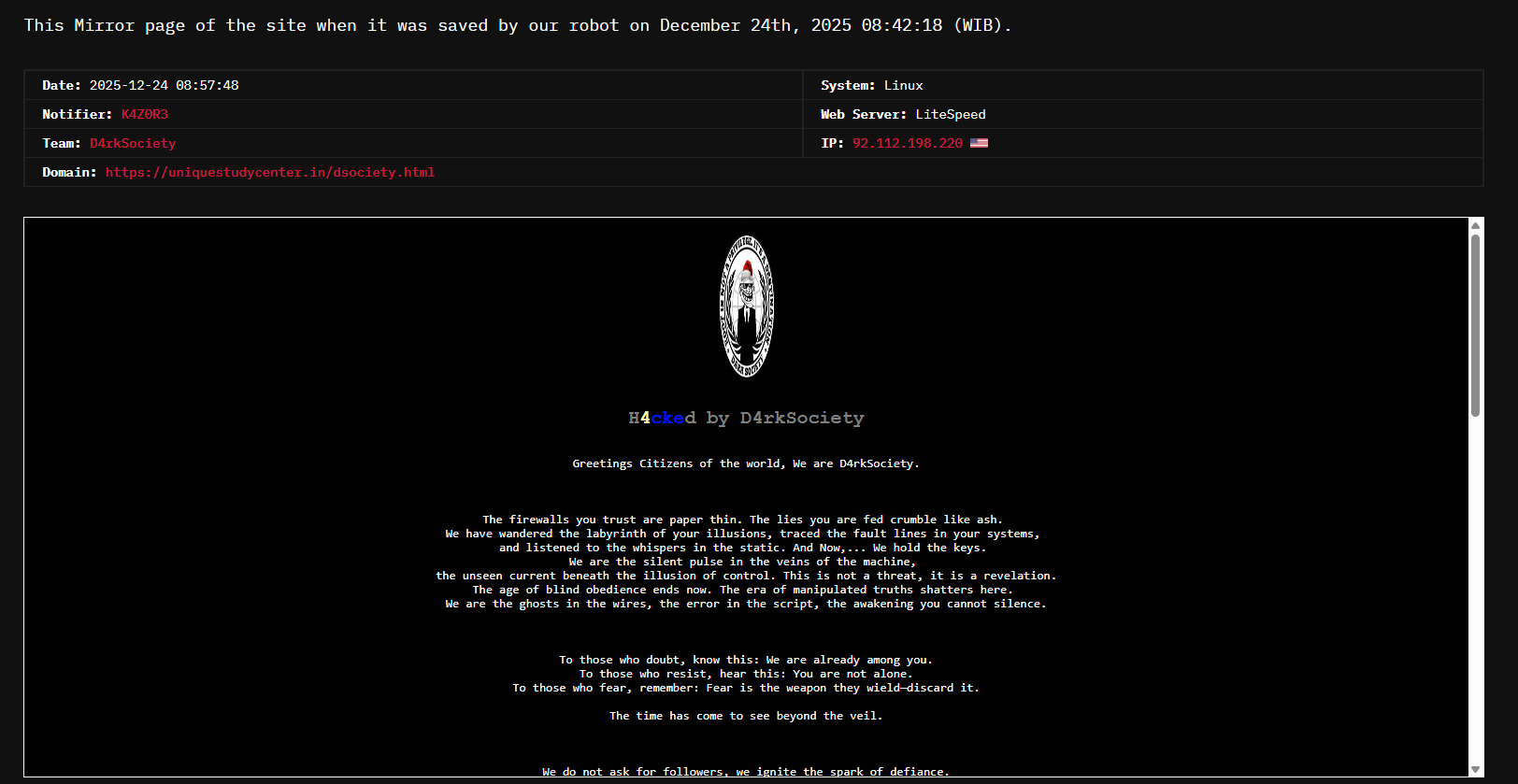 D4rkSociety瞄准独特学习中心的网站-xLab 威胁情报