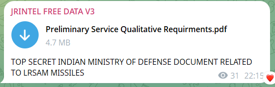 据称泄露了与LRSAM导弹相关的印度国防部绝密文件。-xLab 威胁情报