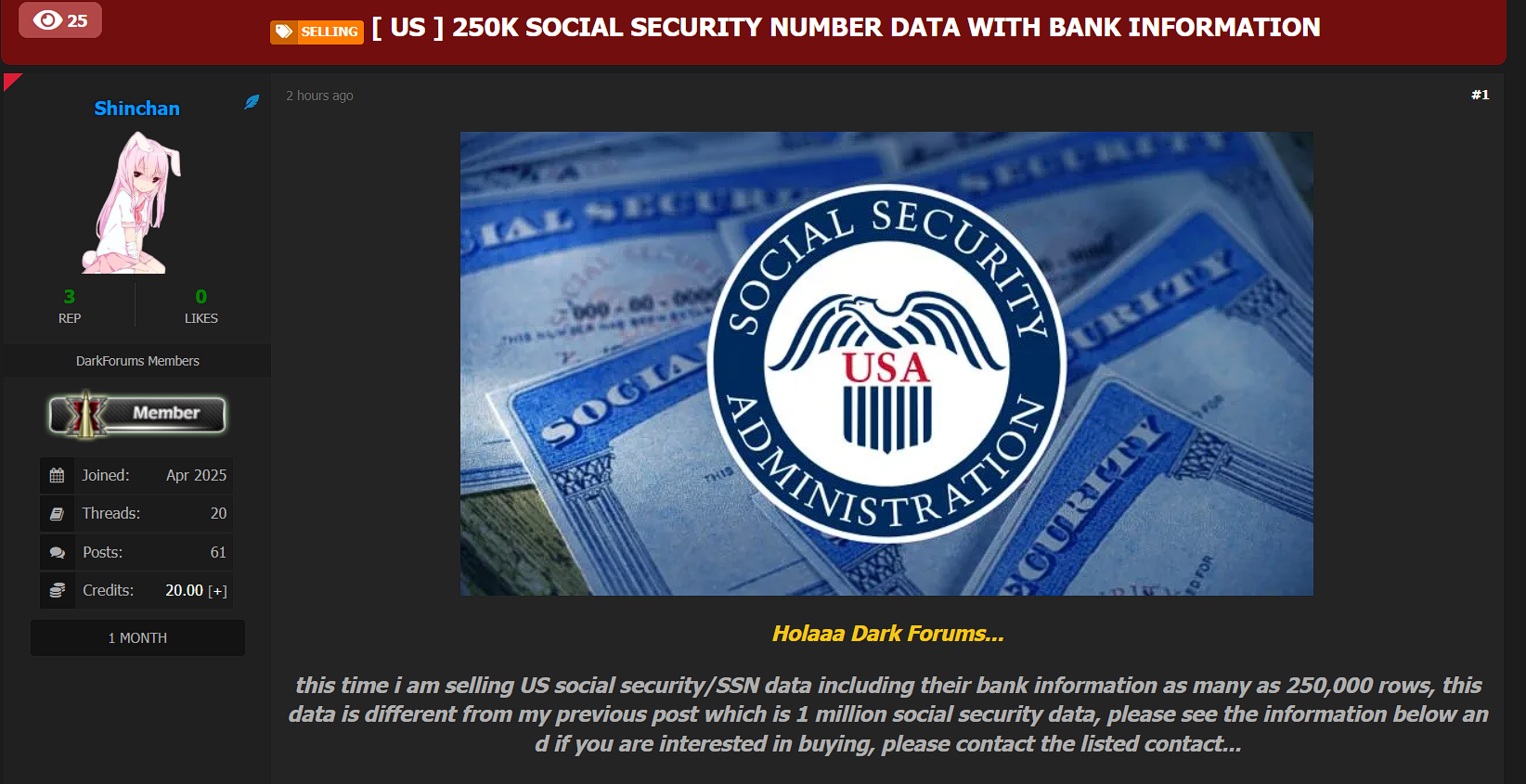 涉嫌在美国出售包含银行信息的SSN数据库-xLab 威胁情报