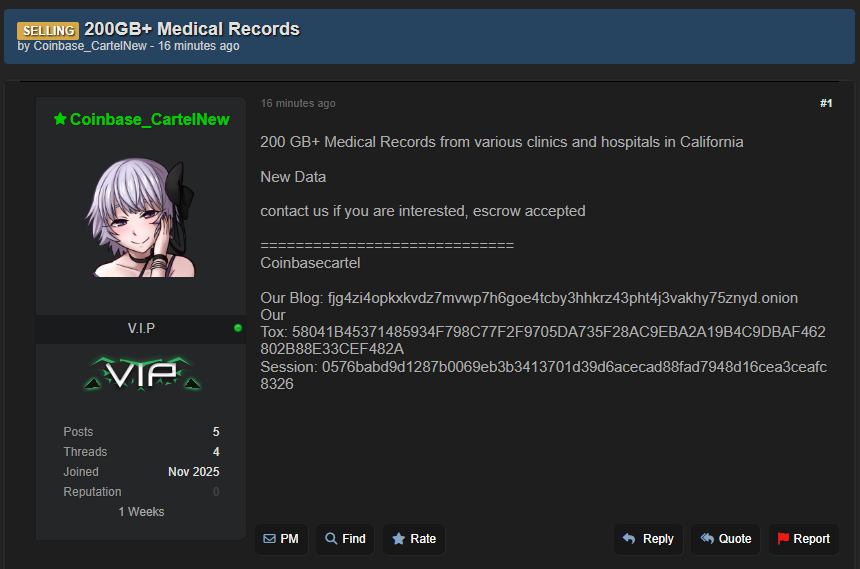 涉嫌出售来自美国的医疗记录-xLab 威胁情报