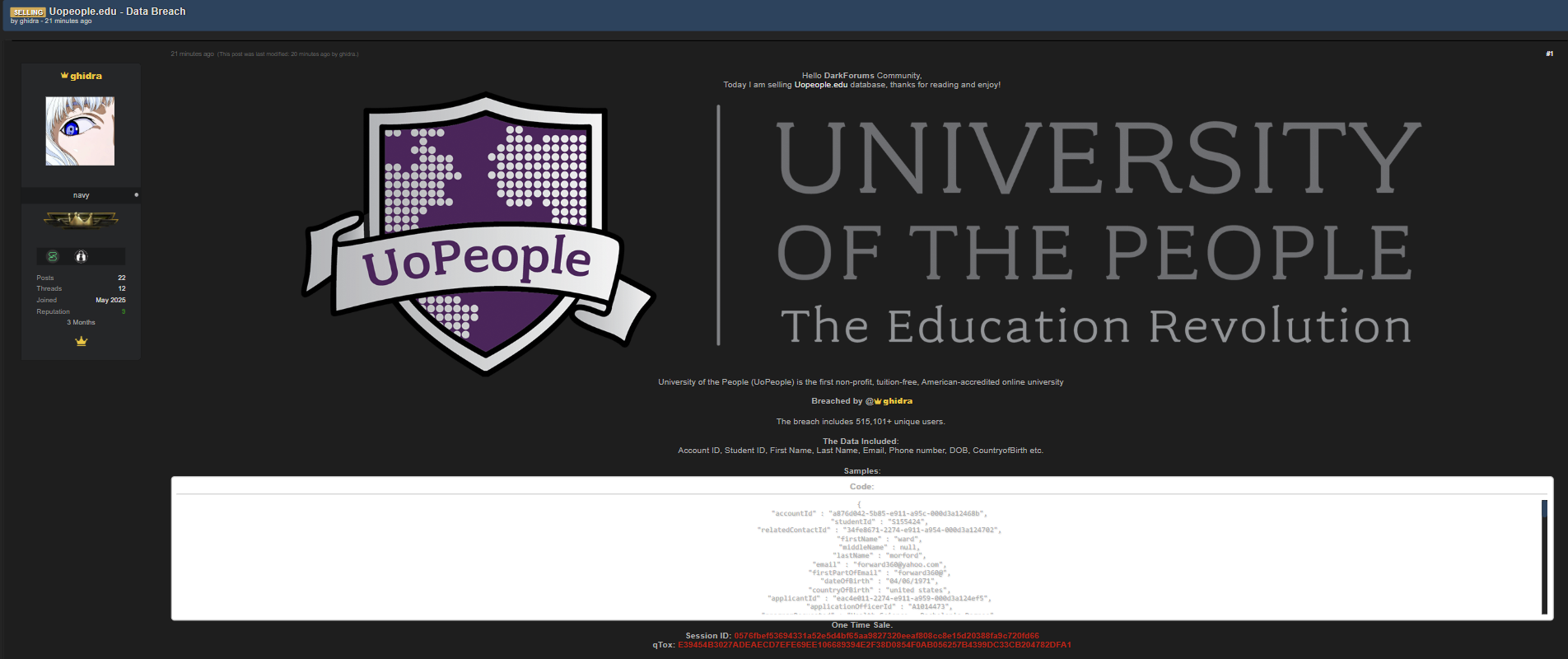 涉嫌出售人民大学(UoPeople)数据-xLab 威胁情报