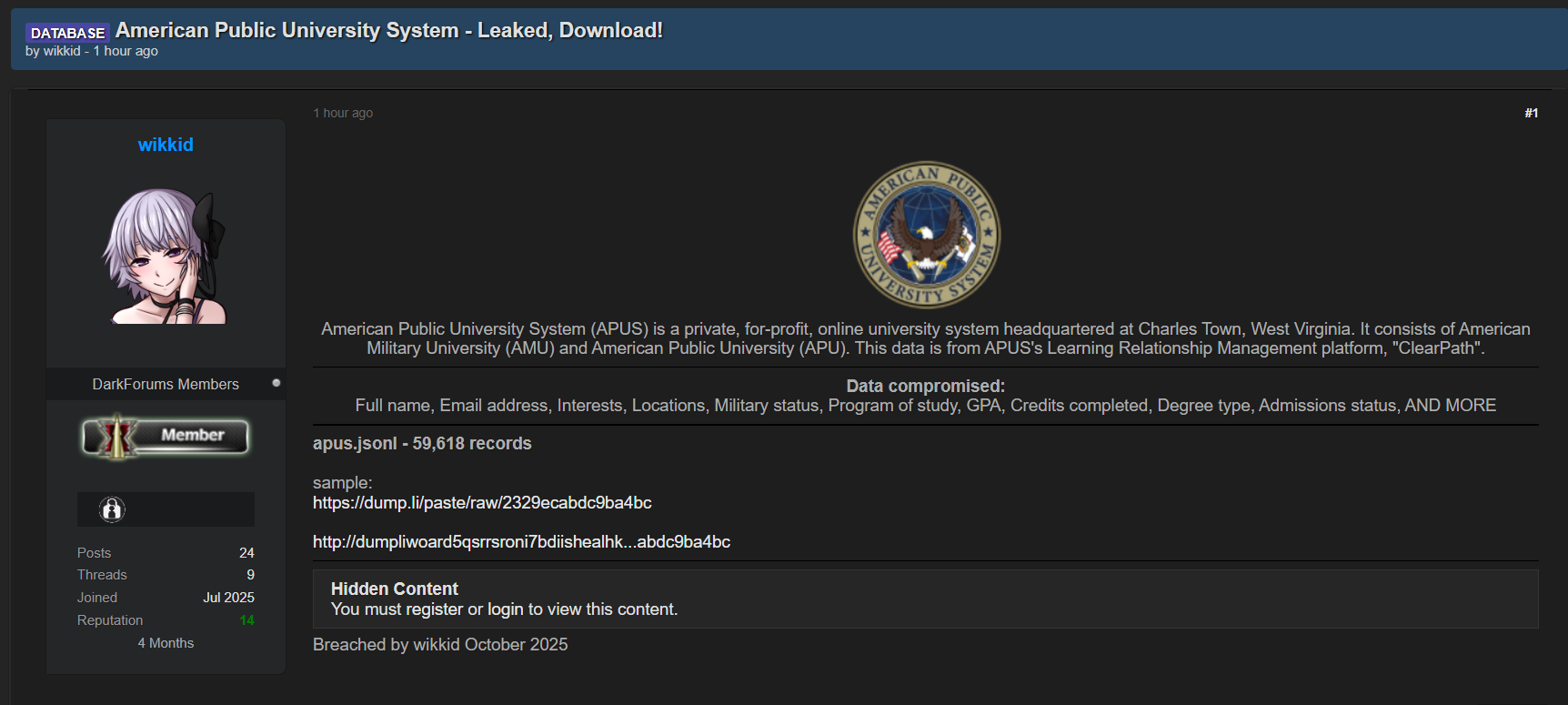 American公立大学System分校涉嫌数据外泄-xLab 威胁情报