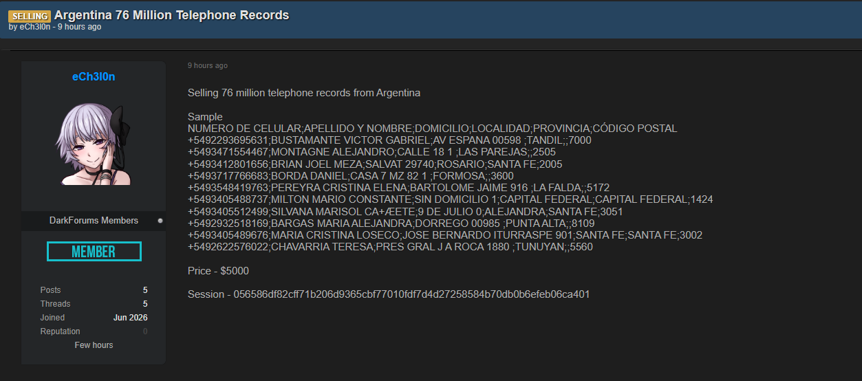 Alleged Sale of Telephone Records from Argentina-xLab 威胁情报