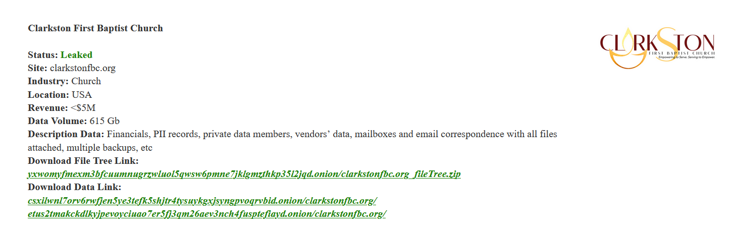 克拉克斯顿第一浸信会教堂成为PEAR勒索软件的受害者-xLab 威胁情报