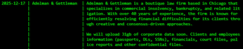 Adelman&Gettleman，Ltd.将victim归咎于akira勒索软件-xLab 威胁情报