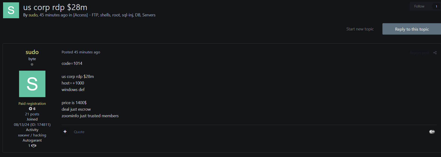 涉嫌向美国corp出售RDP访问权限-xLab 威胁情报