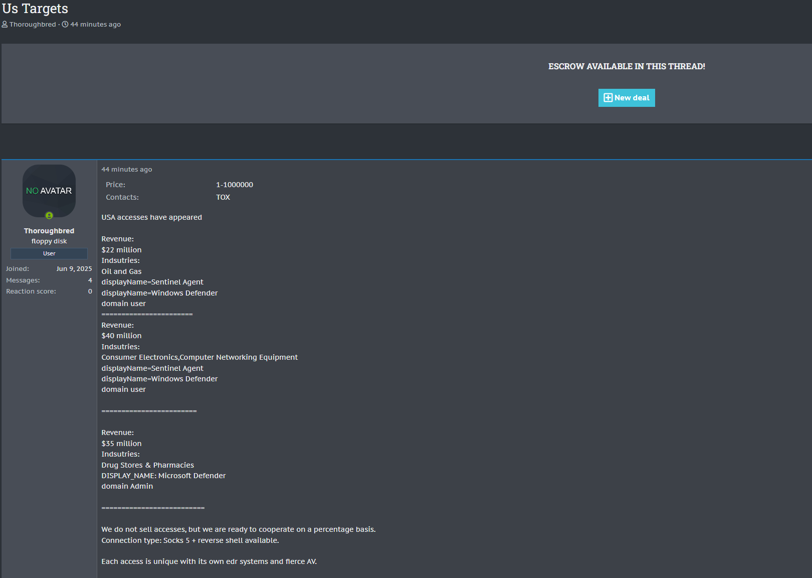 涉嫌向一家身份不明的美国消费电子和网络公司出售access-xLab 威胁情报
