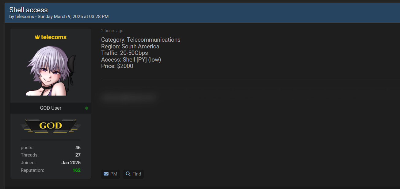 涉嫌向unidentified·South·American电信公司出售接入-xLab 威胁情报