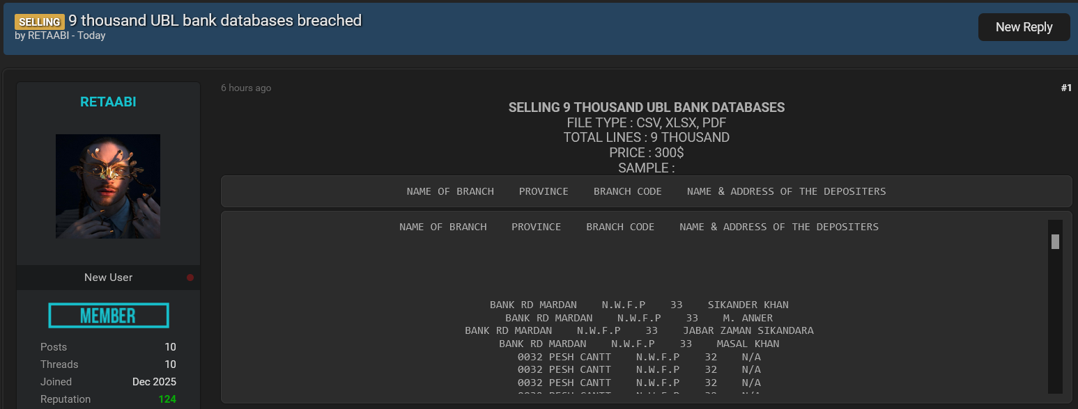巴基斯坦UBL银行涉嫌数据外泄-xLab 威胁情报