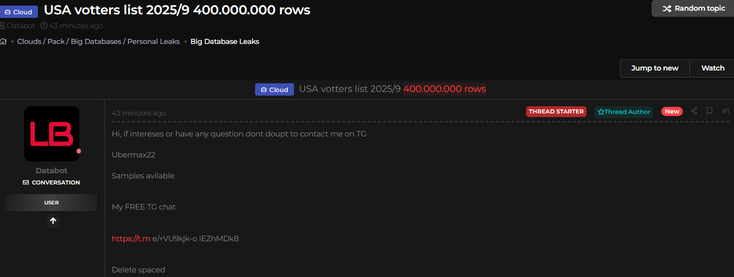 美国选民名单涉嫌泄露-xLab 威胁情报