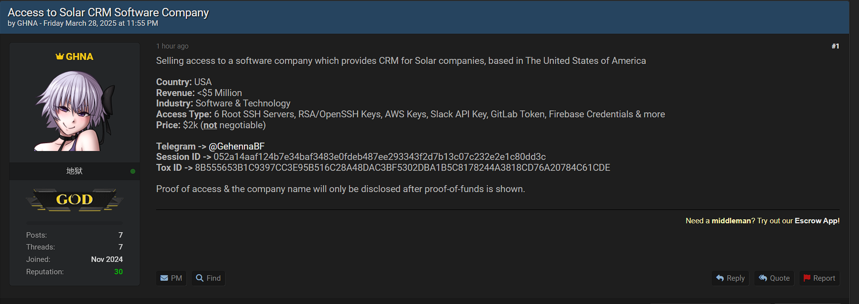 涉嫌出售美国一家身份不明的太阳能CRM软件公司的访问权限-xLab 威胁情报