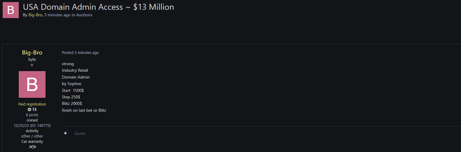 涉嫌向美国一个身份不明的零售业出售未经授权的使用权-xLab 威胁情报