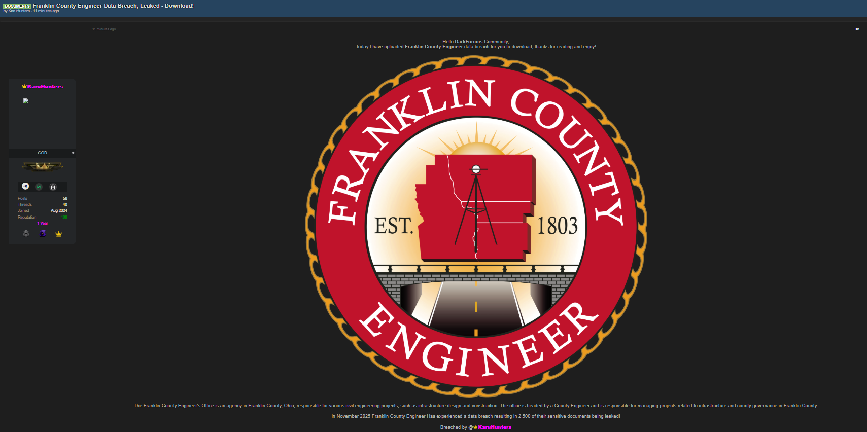 富兰克林县Engineer办公室涉嫌数据外泄-xLab 威胁情报