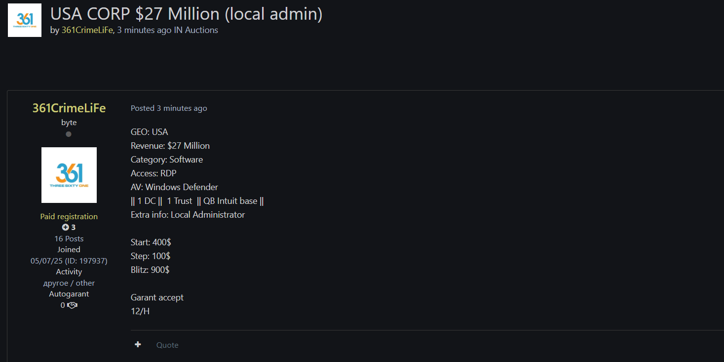 涉嫌向美国软件公司出售RDP访问权限-xLab 威胁情报