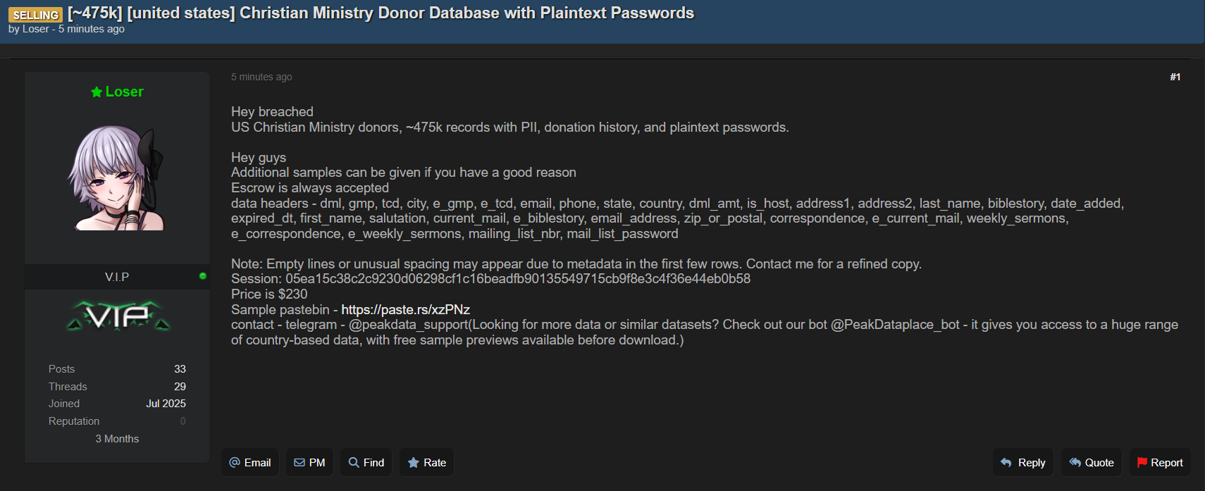 涉嫌出售身份不明的美国基督教事工捐赠者数据-xLab 威胁情报