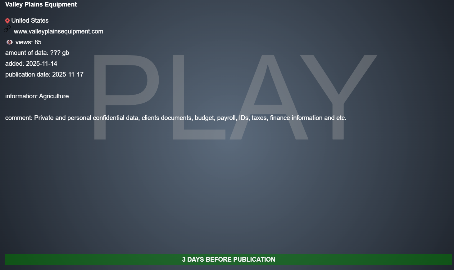 Valley Plains设备成为PLAY勒索软件的受害者-xLab 威胁情报