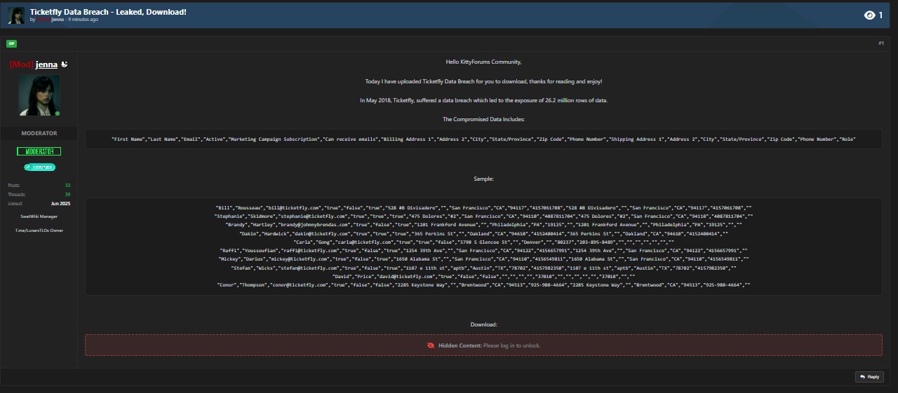 Ticketfly涉嫌数据外泄-xLab 威胁情报