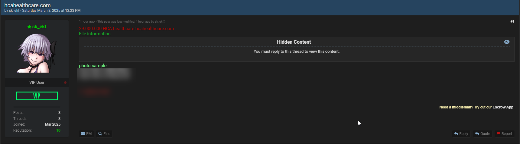 HCA Healthcare涉嫌出售数据库-xLab 威胁情报