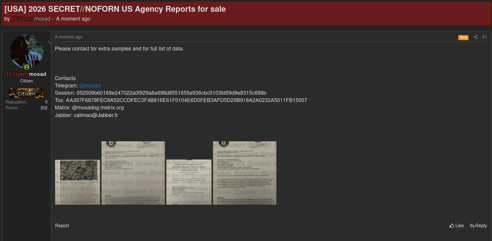 Alleged Sale of U.S. Government Agency Reports (SECRET//NOFORN)-xLab 威胁情报