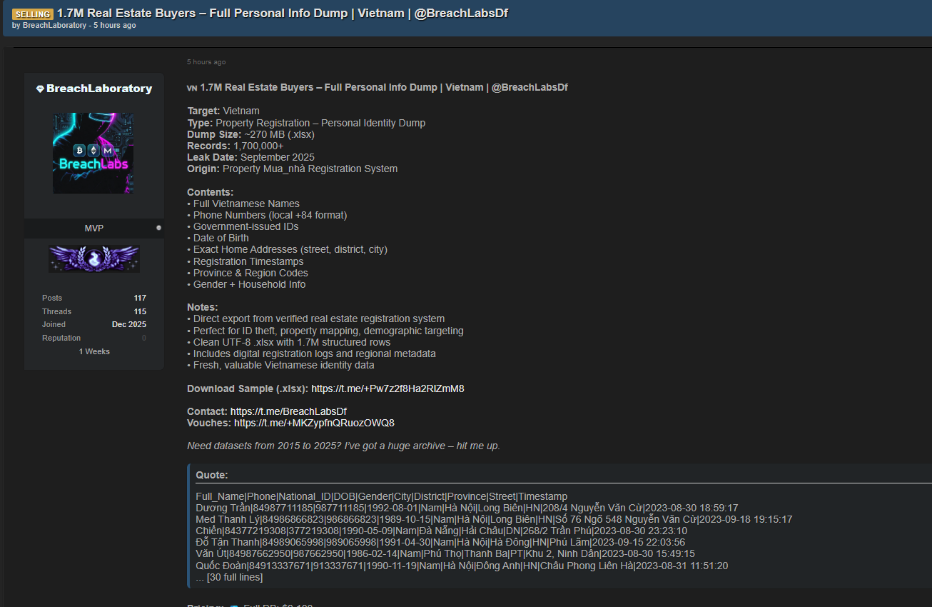 涉嫌数据泄露Real房地产买家越南-xLab 威胁情报
