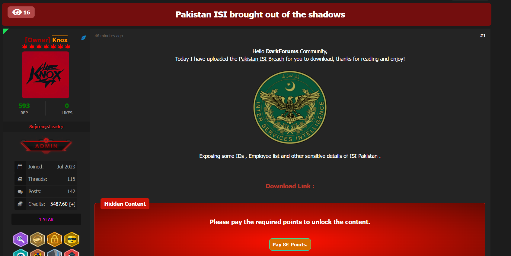 巴基斯坦三军情报局涉嫌数据库泄露-xLab 威胁情报